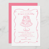 ピンクケーキコンセットボーガールの誕生日 招待状 (正面/裏面)