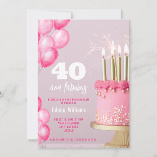 ピンクケーキバルーンモダン40歳の誕生日 招待状 (正面)