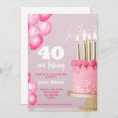 ピンクケーキバルーンモダン40歳の誕生日 招待状 (正面/裏面)