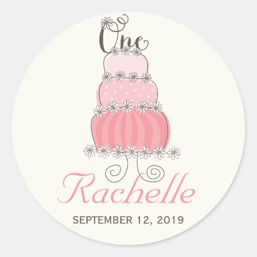 ピンクケーキベビーガール1st誕生日パーティーギフトラベル ラウンドシール (正面)