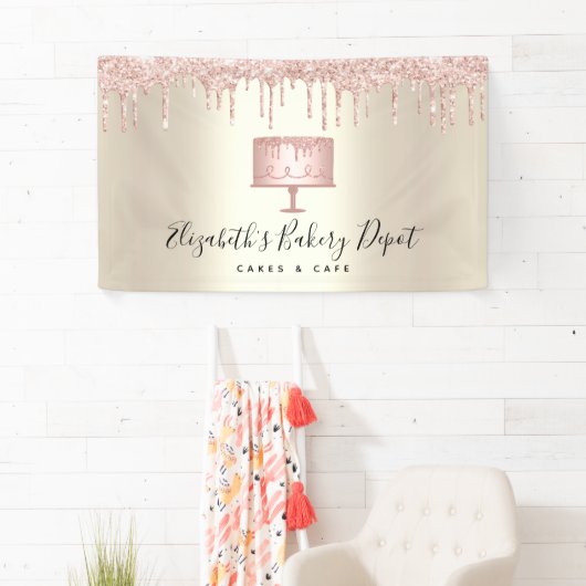 ピンクケーキベーカリーシェフグリッタードリップスクリプト金ゴールド 横断幕 (インサイチュ)