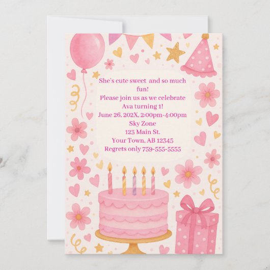 ピンクケーキ，プレゼント，バルーン，ハットガールズ誕生日 招待状 (正面)