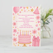 ピンクケーキ，プレゼント，バルーン，ハットガールズ誕生日 招待状 (スタンド正面)