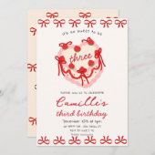 ピンクケーキ&レッドボウ誕生日招待状 招待状 (正面/裏面)