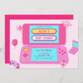 ピンクゲームのレトロな赤ちゃんシャワー 招待状 (正面/裏面)