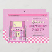 ピンクゲームプレーヤーアーケードダンスマシン誕生日 招待状 (正面/裏面)