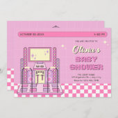ピンクゲームプレーヤーアーケードダンスマシン赤ちゃんシャワー 招待状 (正面/裏面)