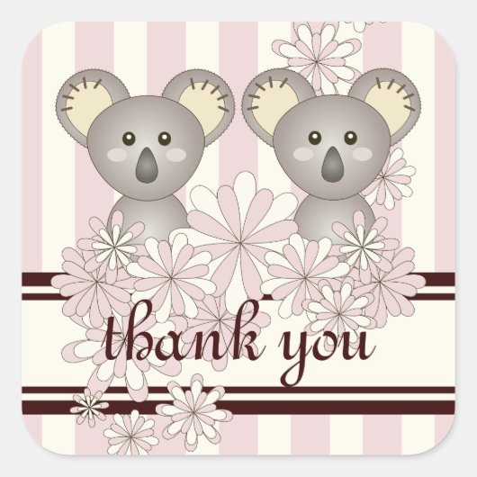 ピンクコアラツインガールベビーシャワー/子供の誕生日 スクエアシール (正面)