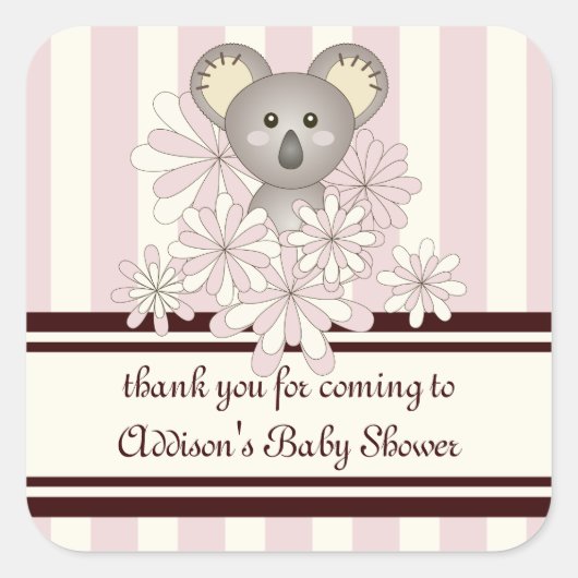 ピンクコアラ子供パーティーの好意/女の子の赤ちゃんシャワー スクエアシール (正面)