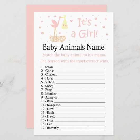 ピンクコウノトリ巣ベビー動物の名前ゲーム (正面/裏面)