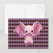 ピンクコウモリ 紫色のチェック柄 ハロウィン シーズンポストカード (正面/裏面)