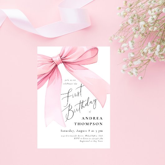 ピンクコケエレガントケットボウファースト誕生日ガール 招待状