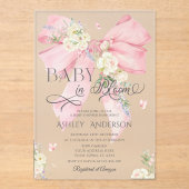ピンクコケエレガントットフローラボウベイビーシャワー アクリル招待状 (正面)