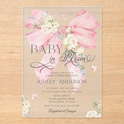 ピンクコケエレガントットフローラボウベイビーシャワー アクリル招待状 (正面)