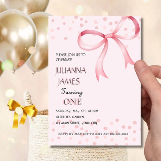 ピンクコケエレガントット第1誕生日招待状 招待状