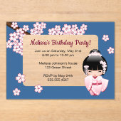 ピンクコケシガールトランスペアレントウィンドウ誕生日ブルー アクリル招待状 (正面)