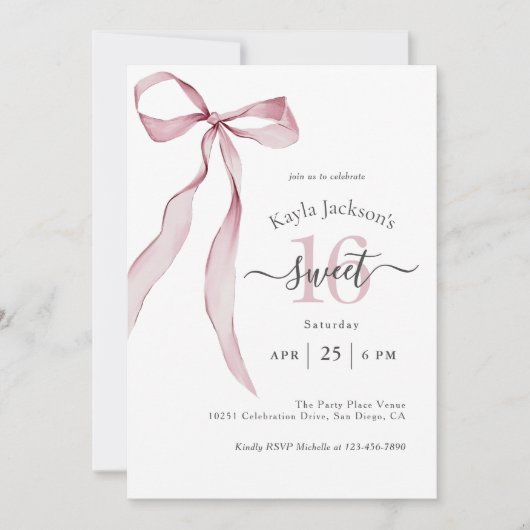 ピンクコケスタイリッシュットボウスウィート16誕生日 招待状 (正面)
