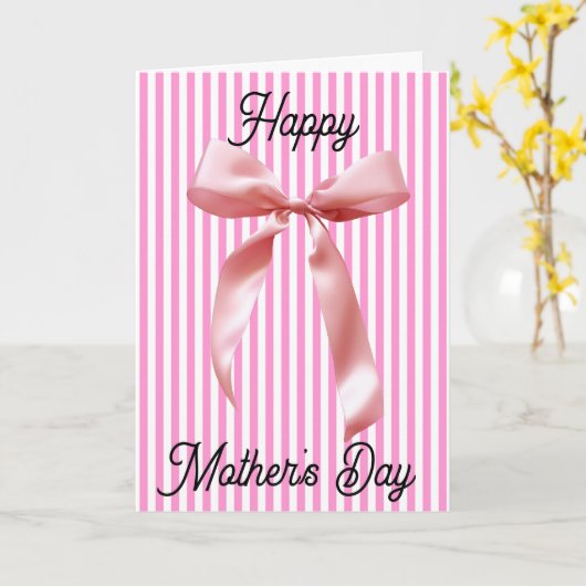 ピンクコケストライプのケットボウハッピーマザーズデイ カード (黄色い花)