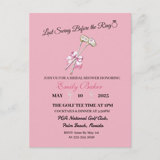 ピンクコケッティ ゴルフ "結婚式前の最後のスイング" ポストカード (正面)