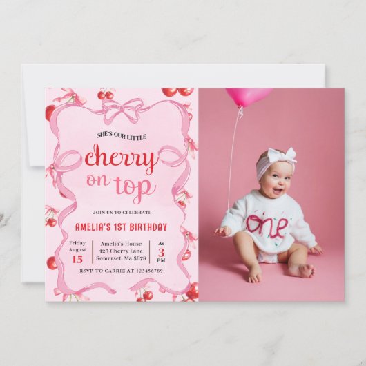 ピンクコケットさくらんぼオントップ誕生日写真 招待状 (正面)