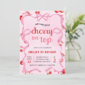 ピンクコケットさくらんぼオントップ誕生日招待状 招待状 (スタンド正面)