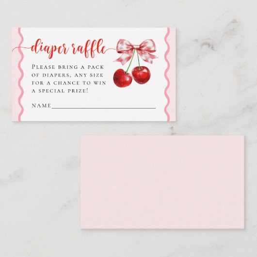 ピンクコケットさくらんぼベビーシャワーおむつラッフル エンクロージャーカード (正面/裏面)
