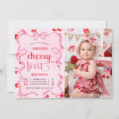 ピンクコケットさくらんぼ第1誕生日写真 招待状 (正面)