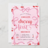 ピンクコケットさくらんぼ第1誕生日招待状 招待状 (正面)