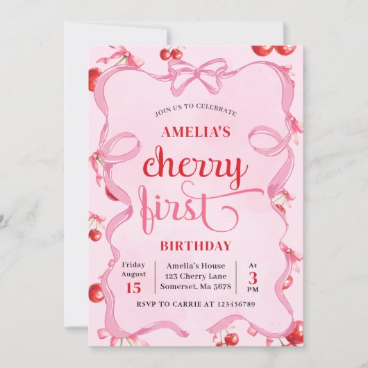ピンクコケットさくらんぼ第1誕生日招待状 招待状 (正面)