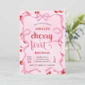 ピンクコケットさくらんぼ第1誕生日招待状 招待状 (スタンド正面)