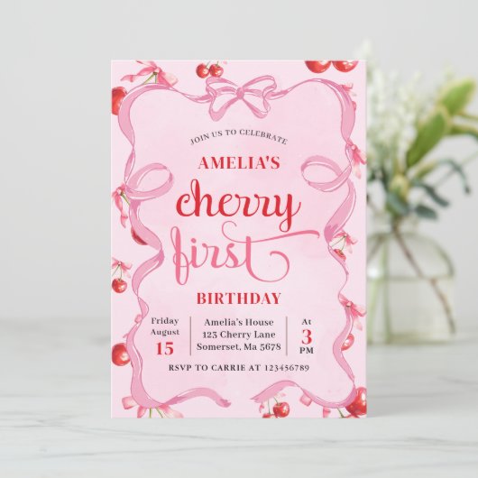 ピンクコケットさくらんぼ第1誕生日招待状 招待状 (スタンド正面)