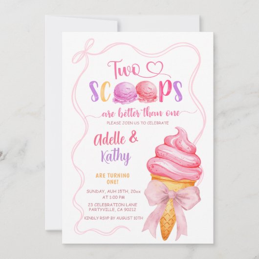 ピンクコケットサマーアイスクリームツインズ誕生日 招待状 (正面)