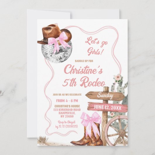 ピンクコケットディスコレッツゴー女性のカーボーイ誕生日 招待状 (正面)