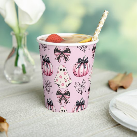 ピンクコケットパンプキン幽霊ハロウィーンパターン 紙コップ (インサイチュ)