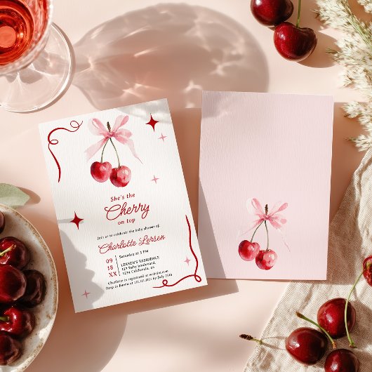 ピンクコケットボウさくらんぼオントップガールベビーシャワー 招待状