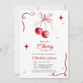 ピンクコケットボウさくらんぼオントップガールベビーシャワー 招待状 (正面)