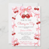 ピンクコケットボウさくらんぼオントップベビーシャワー 招待状 (正面)