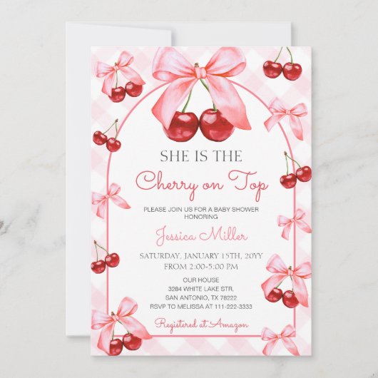 ピンクコケットボウさくらんぼオントップベビーシャワー 招待状 (正面)