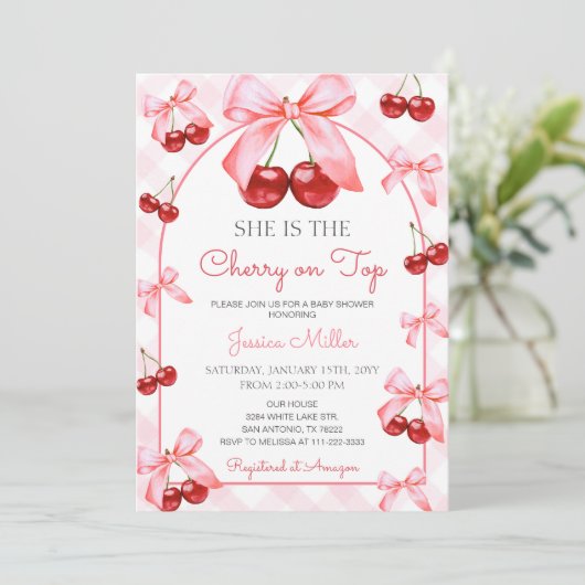 ピンクコケットボウさくらんぼオントップベビーシャワー 招待状 (スタンド正面)