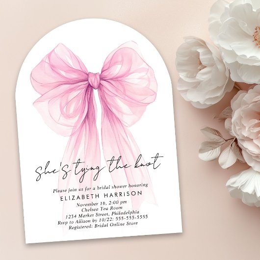 ピンクコケットボウウォーターカラーアーチブライダルシャワー 招待状
