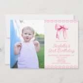 ピンクコケットボウカスタム写真誕生日パーティー 招待状 (正面)