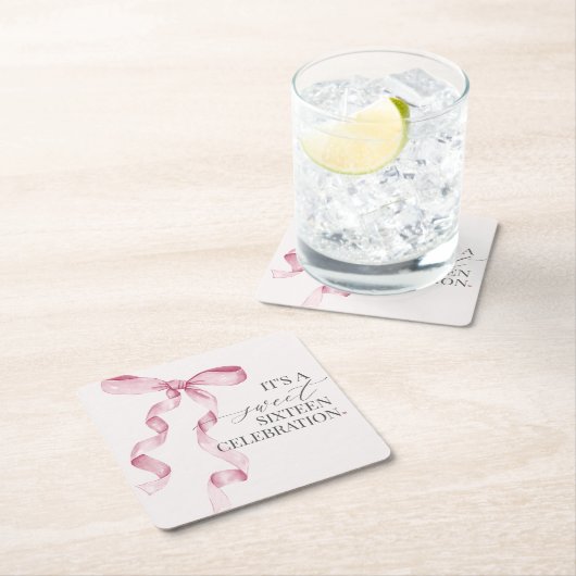 ピンクコケットボウスウィート16誕生日パーティードコール スクエアペーパーコースター (インサイチュ)