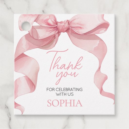 ピンクコケットボウバースデーパーティースクエアメッセージカード フェイバータグ (正面)