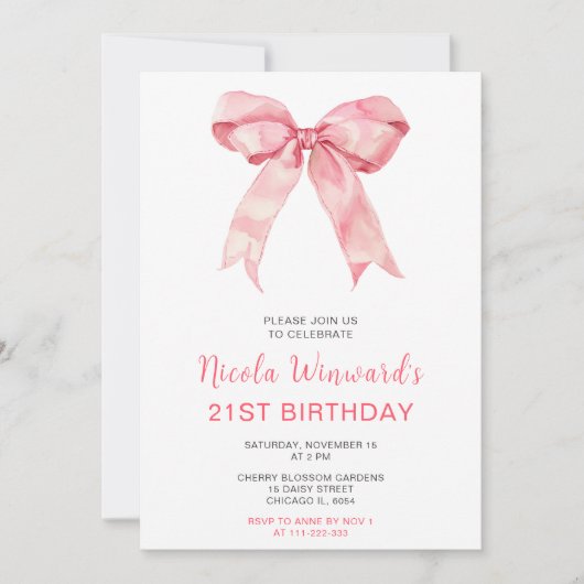 ピンクコケットボウバースデーパーティー 招待状 (正面)