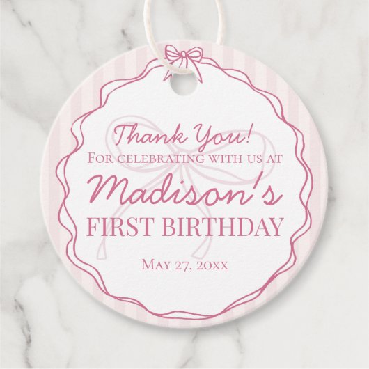 ピンクコケットボウパステルストライプの誕生日 フェイバータグ (正面)