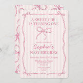 ピンクコケットボウパステルバースデーパーティー 招待状 (正面/裏面)