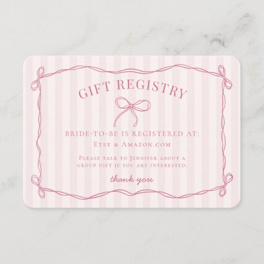 ピンクコケットボウパステルブライダルシャワーレジストリ エンクロージャーカード (正面)