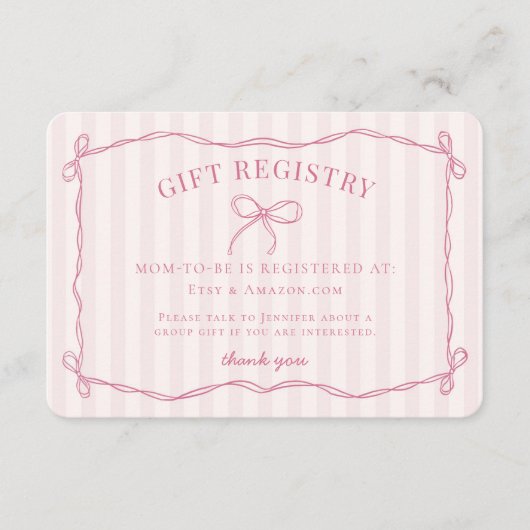 ピンクコケットボウパステルベビーシャワーレジストリ エンクロージャーカード (正面)