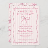 ピンクコケットボウパステルベビーシャワー 招待状 (正面/裏面)