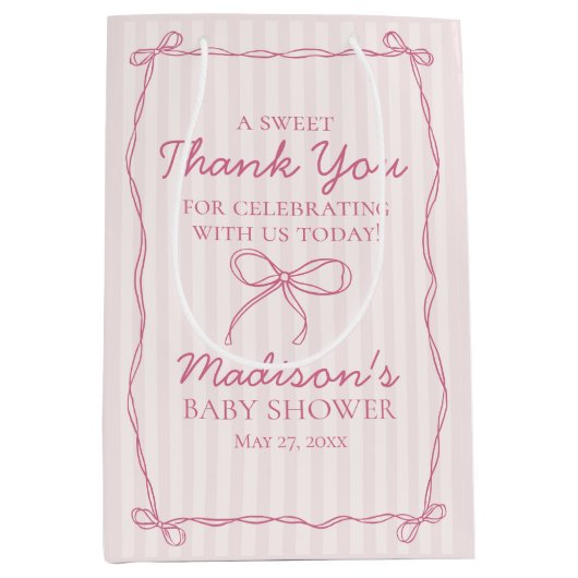 ピンクコケットボウパステルベビーストライプのシャワー特典 ミディアムペーパーバッグ (正面)